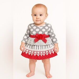 Rare Editions Baby Girls Gray Polka Dot Holiday Dress 12M Red‎ Bow Lace Trim